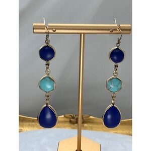 Gold Tone Blue and Turquoise Faux Stone Triple Drop Dangle Earrings Boho Luxury
